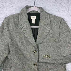 LL Bean Herringbone Tweed Blazer Jacket Women Medium Petite Wool Silk 2 Button